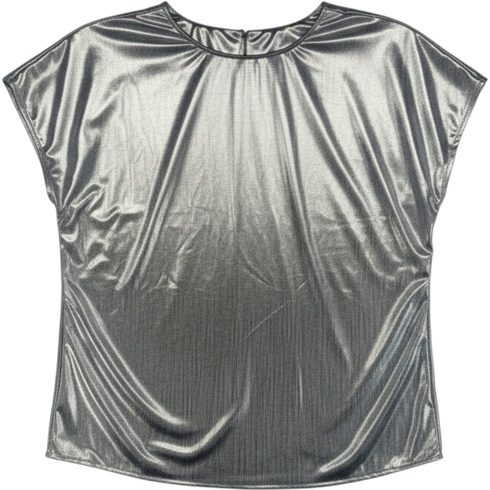 Jeri Marque Vintage Metallic Silver Foil Knit Blouse Padded Shoulder USA Medium